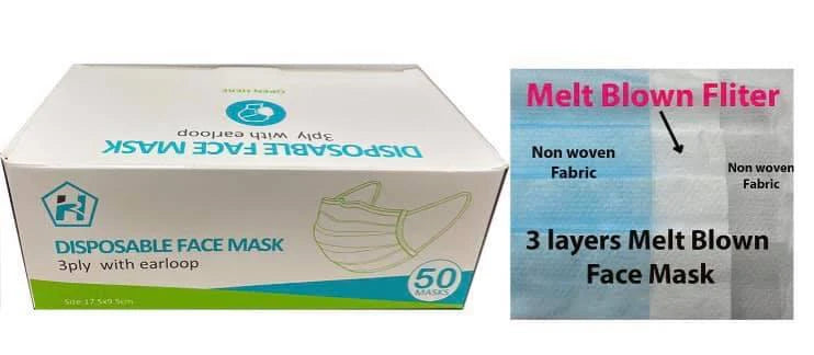 3 Ply Face Masks Blue 50/Bx